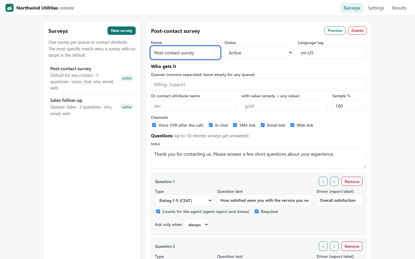 The SurveyCX console with a survey open in the editor
